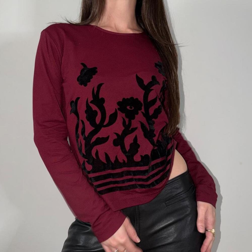 Formula X Burgundy Black Floral Graphic Long Sleeve Top L